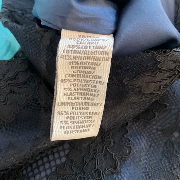 Theia, size 2, navy with black lace overlay, off the shoulder, bell sleeves - Picture 6 of 7